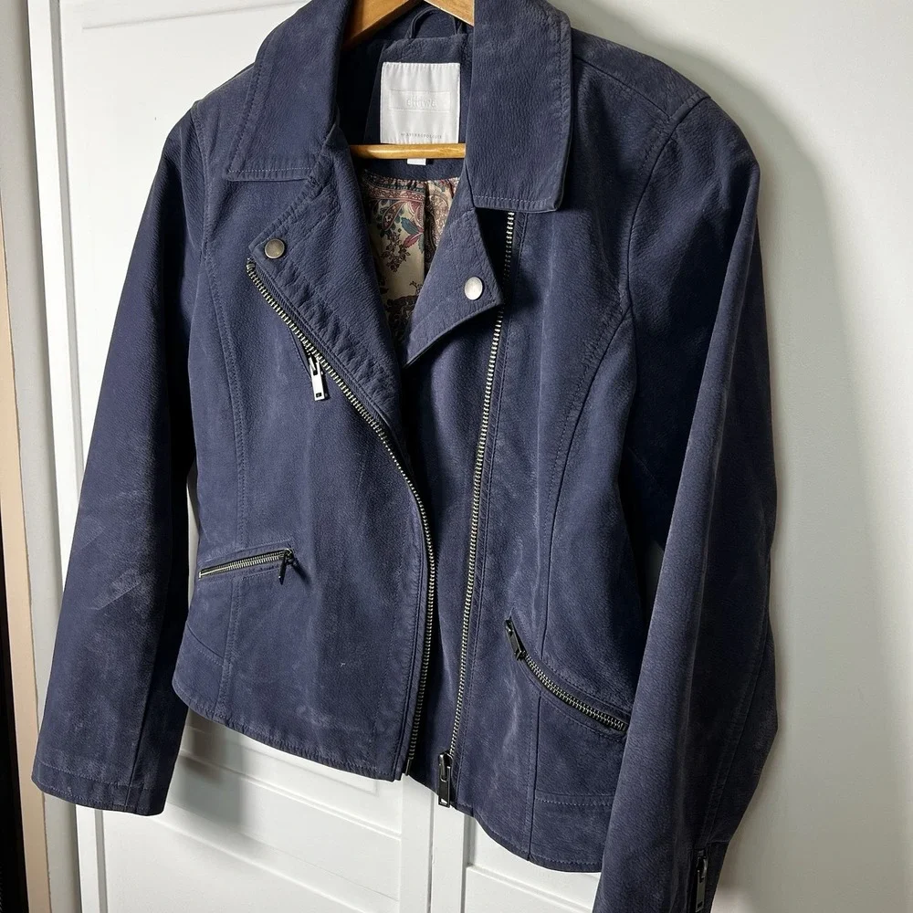 Anthropologie Women's Coat Small Biddle Moto Jacket Navy Suede Zip Lined Paisley
